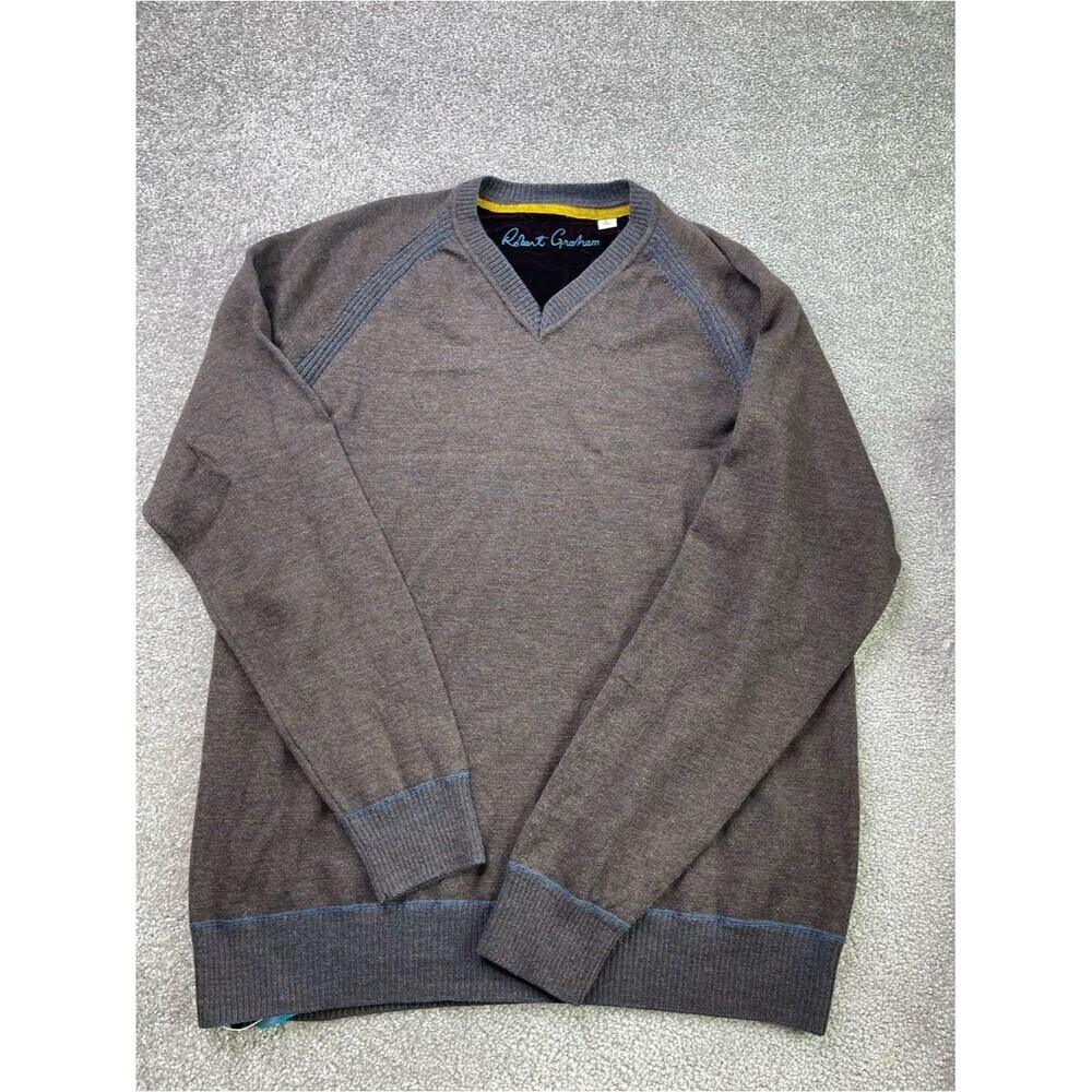 Robert Graham Men's Large Brown V-Neck Wool Sweater